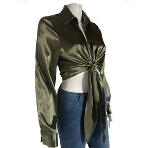 SHEIN Green Silk Like Wrap Blouse SZ S Shirt TOP Bishop Sleeves